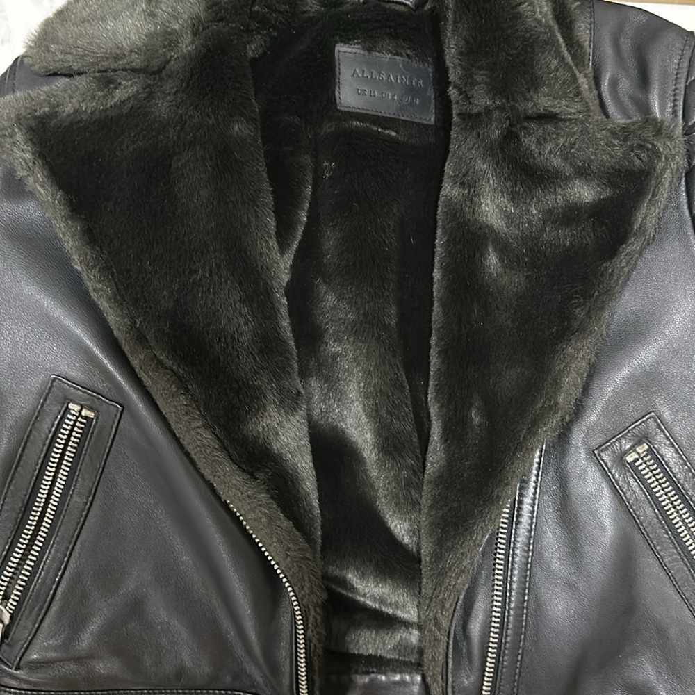 AllSaints Black Leather Moto Jacket with Shearling Collar - Picture 7 of 13